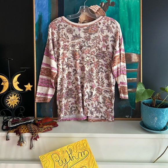 Tribal Jeans Chic Striped V-Neck Blouse in Cream, Brown, and Pink Small - Picture 8 of 16